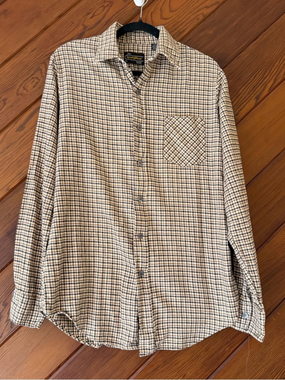 Sears SportsWear Mens Tall Flannel Shirt Brown Tan Plaid Contrast Pocket Vintage